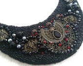 Handstitched Bead Embroidery Bib Necklace-Handmade Necklace “Black Fantasy"-Bridal Bead Embroidery-Black Czech Glass Beads-Wonderfull collar